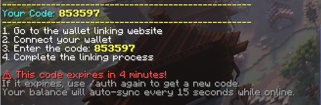 Minecraft /auth command interface showing authentication code